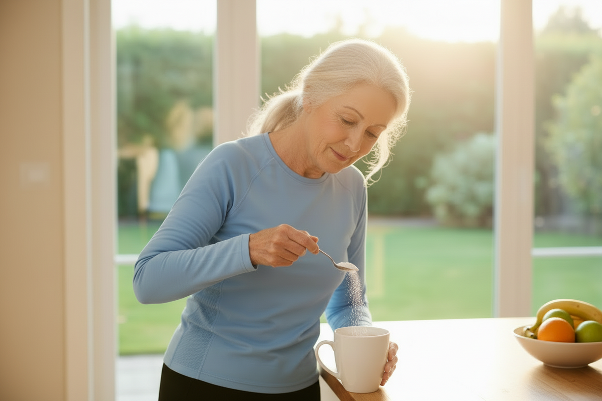 Äldre kvinna rör ner ett mått kreatin i sitt morgonkaffe