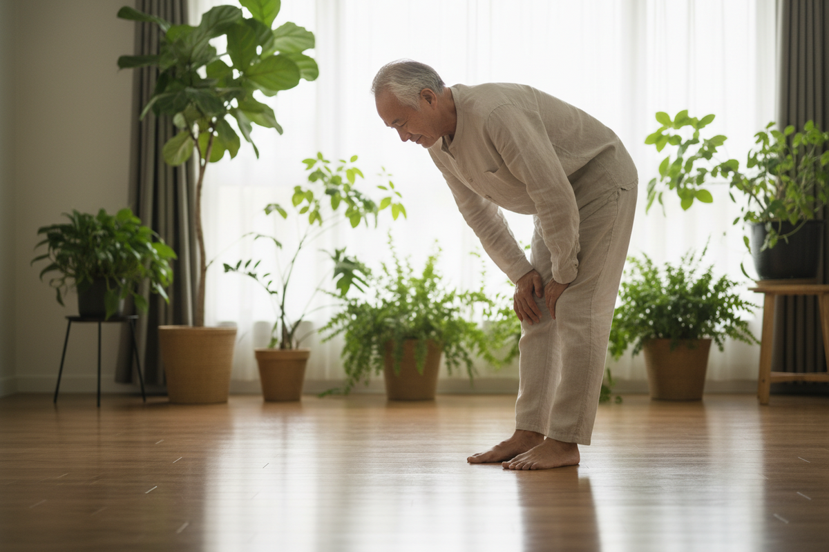 Äldre man som stretchar lugnt i ett ljust vardagsrum