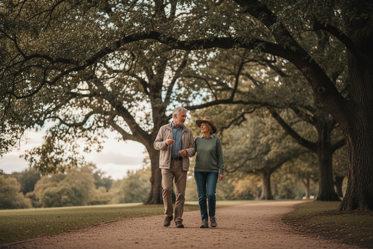 Äldre par som promenerar tillsammans i en grönskande park