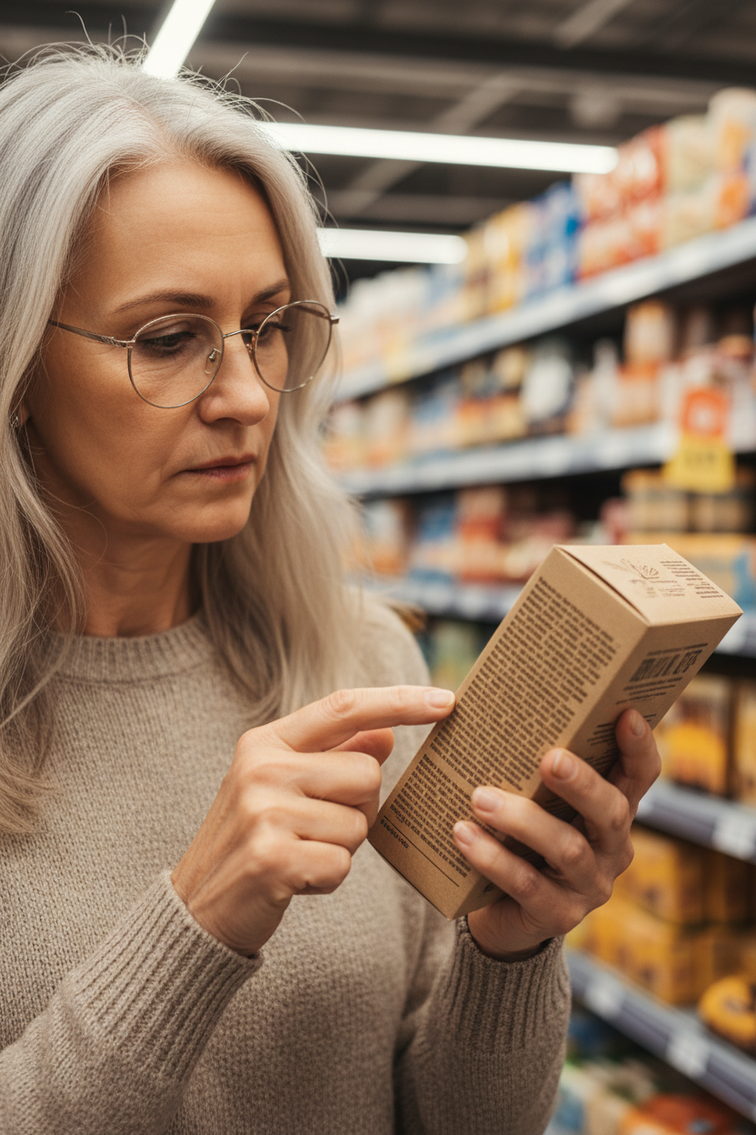 Person med läsglasögon granskar innehållsförteckningen på en produktförpackning