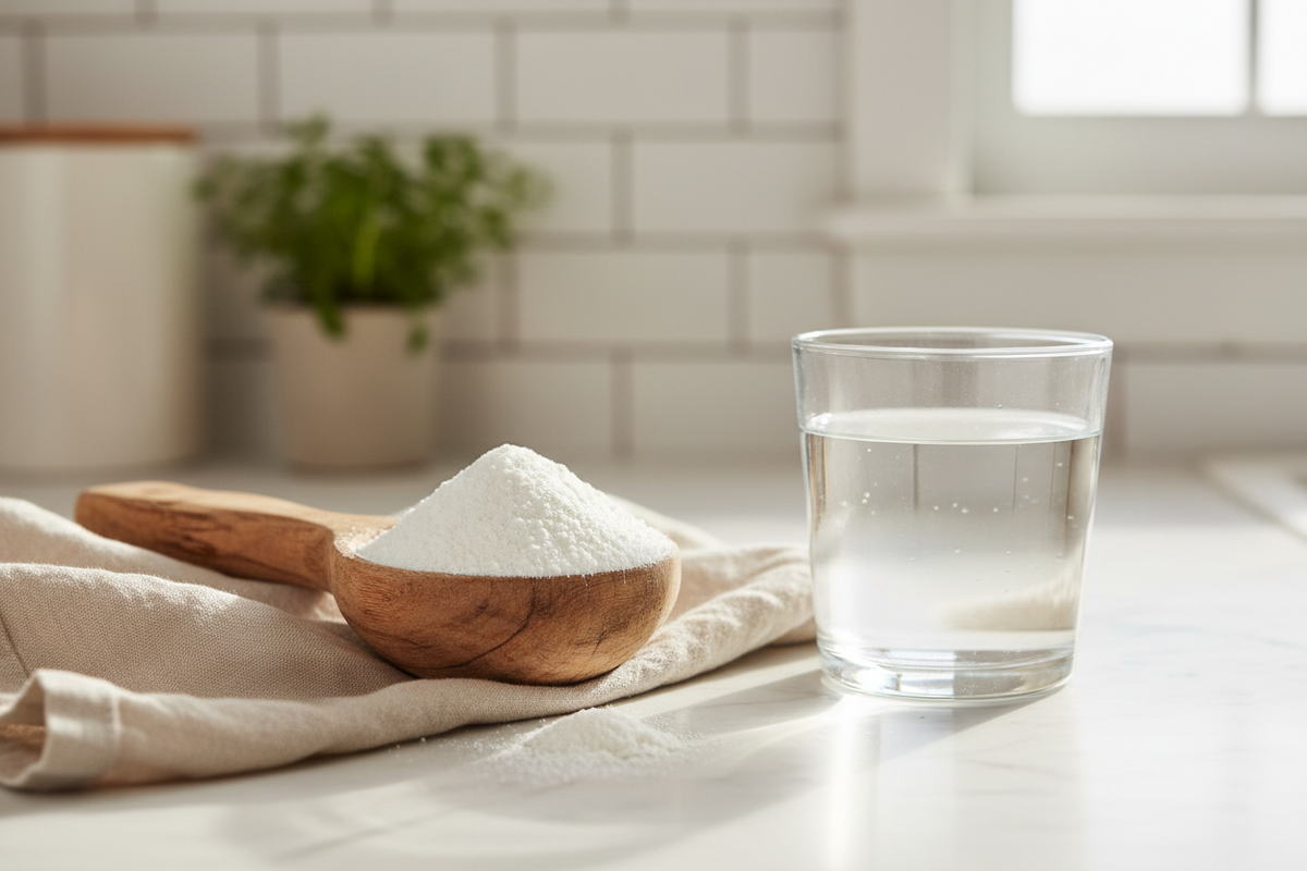 Träsked med kreatinmonohydrat i pulverform på ljus linneduk